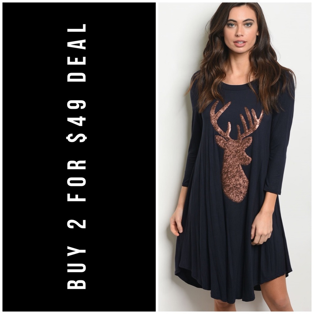 NAVY SEQUINS REINDEER DRESS